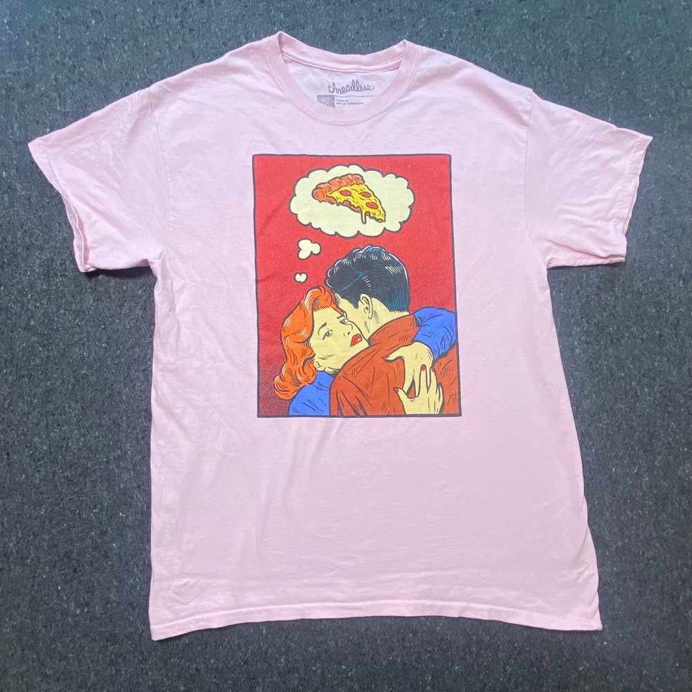 Threadless Graphic Tee Large L Mens Pink Pop Art Pizza Romance Art of Velazquez